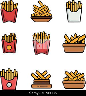 Crispy french fries icon set illustrations Stock Vector