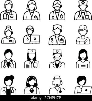 Doctor and nurse icon set in hand-drawn illustrations Stock Vector