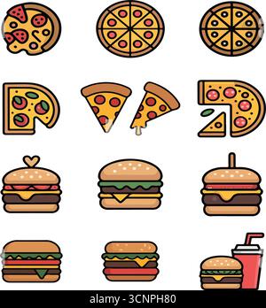 Burger and pizza icon set illustrations Stock Vector
