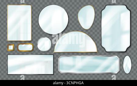 Realistic mirrors. Mirror frame reflect light, glass reflection effect frames round circle square oval shape hanging on bathroom wall home furniture, Stock Vector