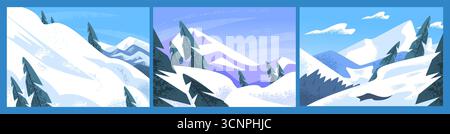 Winter mountains landscapes. Snow mountain with pine fir trees, snowy scenery for ski resort flat beautiful background cards set vector illustration o Stock Vector