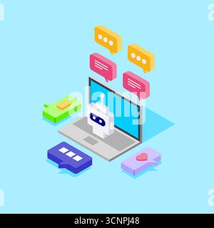 Chatbot on Laptop Isometric Vector Illustration Flat Design Stock Vector