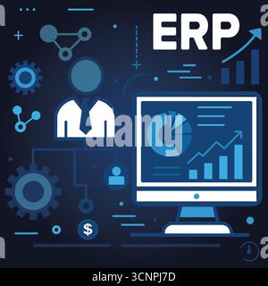 AI Robot Analyzing ERP System on a Virtual Screen, Enterprise Resource Planning Stock Vector