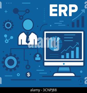 AI Robot Analyzing ERP System on a Virtual Screen Stock Vector