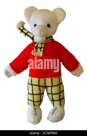 Knitted Rupert Bear soft toy isolated on white background Stock Photo