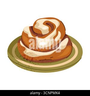 Cinnamon bun on plate. Vector bakery or pastry, dessert, homemade food, delicious confectionery for breakfast or brunch. Culinary with spice and glaze, sugar icing. Spiral dough for candy shop or cafe Stock Vector