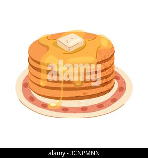Fluffy or buttermilk pancake. Vector milk cake with honey or maple syrup, butter. Breakfast food pile on plate or brunch dessert stack with topping. Cafe or restaurant menu, recipe element. Treat. Stock Vector