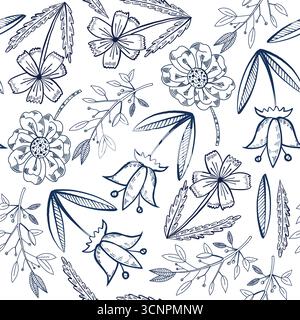 Vector seamless pattern of meadow flowers and herbs, bells, daisies, herbs, cornflowers. All objects are hand-drawn with ink. For printing on Stock Vector