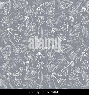 Vector seamless pattern of white meadow flowers on a gray background. Cornflowers, daisies, twigs, leaves, bell, all objects are hand-drawn with ink Stock Vector