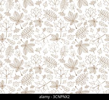 Autumn monochrome pattern on transparent background. Outline autumn pattern. Hand drawn foliage pattern. Isolated autumn foliage print Stock Vector