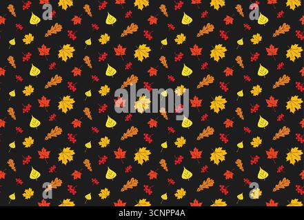 Autumn vector pattern on black background.. Seamless foliage pattern. Hand drawn foliage pattern. Autumn foliage print. Stock Vector