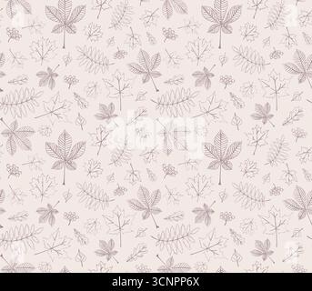 Outline autumn pattern. Seamless foliage pattern. Hand drawn foliage pattern. Outline foliage print. Stock Vector
