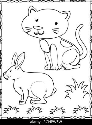Easy Rabbit and cat Drawing For Kids And Toddlers, Coloring Drawing Painting rabbit. Stock Vector