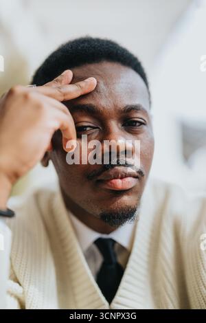 Contemplative business professional in thoughtful moment wearing formal attire outdoors Stock Photo