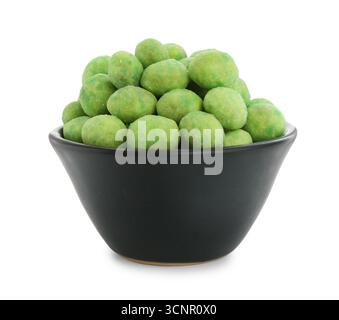 Delicious wasabi coated peanuts in bowl isolated on white Stock Photo