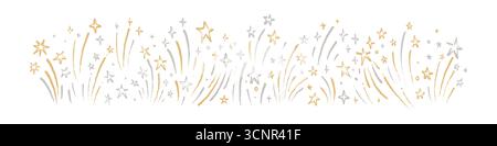 Golden and silver crayon hand drawn firework festive border. Happy New Year, Merry Christmas, birthday, anniversary, Diwali background Stock Vector