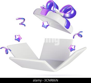 3d birthday present gift box opened exploding with stars and ribbons with empty space for a prize Stock Vector