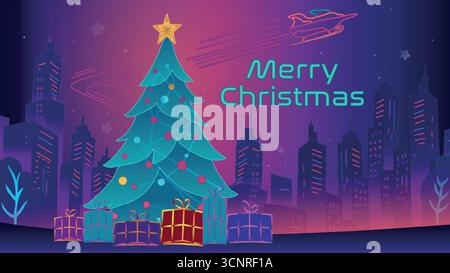 Neon Christmas banner with glowing tree festive gifts and futuristic city lights at night Stock Vector