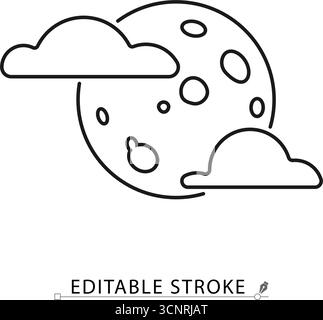 A full moon with clouds icon in a minimalist line style with editable stroke. Night sky symbol, halloween weather, spooky moonlight, astronomy object Stock Vector