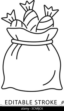 A candy bag icon in a minimalist line style with editable stroke. Halloween trick or treat sack, sweets pouch, sugar dessert, holiday gift, party Stock Vector