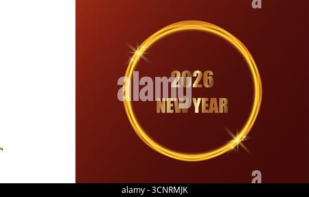 Red background with gold lettering reading New Year 2026 in a gold circle. Neon gold glow on a red background. Festive vector illustration Stock Vector