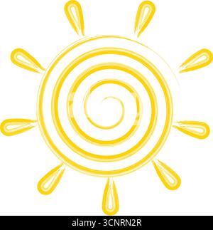 Yellow spiral sun drawing on isolated white background. Sun symbol and ray illustration Stock Vector