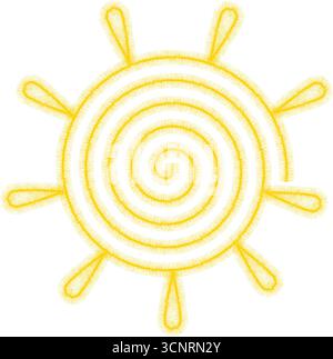 Yellow spiral sun drawing on isolated white background. Sun symbol and ray illustration Stock Vector
