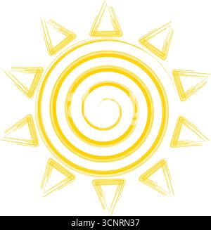 Yellow spiral sun drawing on isolated white background. Sun symbol and ray illustration Stock Vector