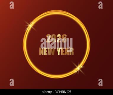 Red background with gold lettering reading New Year 2026 in a gold circle. Neon gold glow on a red background. Festive vector illustration Stock Vector