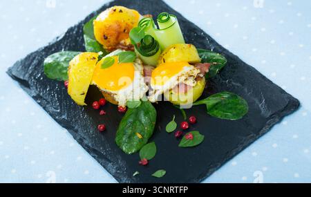 Potato burgers with quail egg Stock Photo