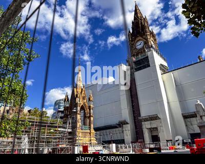 Wraps are started to be removed from the construction site surrounding Manchester town hall, which is under renovation Stock Photo