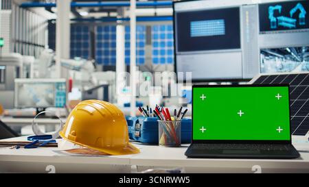 Chroma key laptop in photovoltaics factory used to monitor system performance. Green screen monitor tracking solar panels manufacturing plant energy production and efficiency, close up Stock Photo