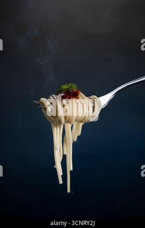 Fork wrapped in noodles held in the air with a little sauce on the tip and a green leaf, dark blue background Stock Photo