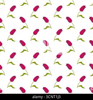 Red tulips in cartoon style. Cute spring flowers. Seamless pattern. Vector illustration. Stock Vector