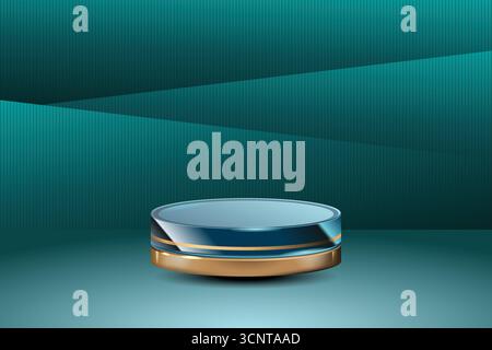 Backdrop illustration for advertising goods, products, museum expansions. Simple blue light background. Glass arch with rounds blue and golden podium Stock Vector