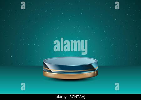 Front view of transparent podium glassware decorated in green background with blank space Stock Vector