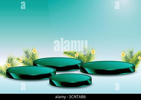 Product banner, podium platform with geometric shapes and nature background, paper illustration, and 3d paper Stock Vector