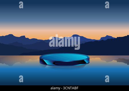 Glass podium tabletop floor in outdoor blue mountains and shiny orange sky nature background. Natural product placement pedestal stand display Stock Vector