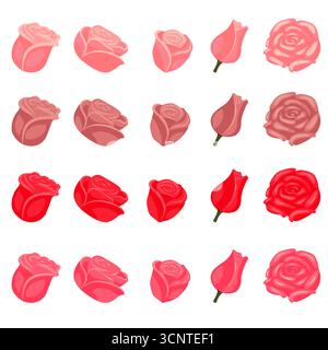 Rose in flat style. Set of roses of different colors for your design. Vector illustration isolated on white background. Stock Vector