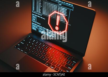 Red Warning Sign on Laptop Screen: Cyber Attack and Data Security Breach. 3D rendering Stock Photo