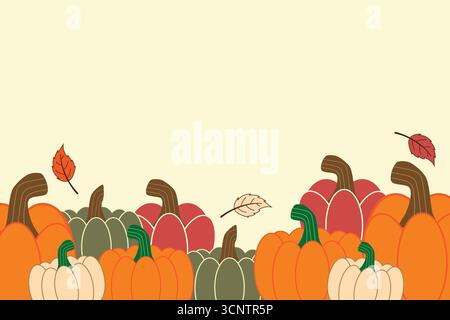 Warm Autumn Pumpkin Background with Falling Leaves Cozy Seasonal Illustration Stock Vector