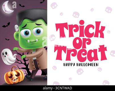 Trick or Treat and Happy Halloween greeting text clipart template. Halloween and Trick or Treat typography space in board frame horror party Stock Vector