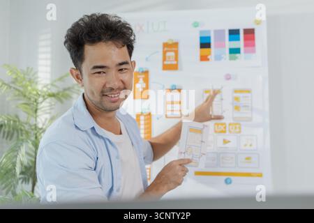 A focused designer is working on UX/UI design ideas, analyzing color palettes and interface structures pinned on a board. The scene reflects creativit Stock Photo