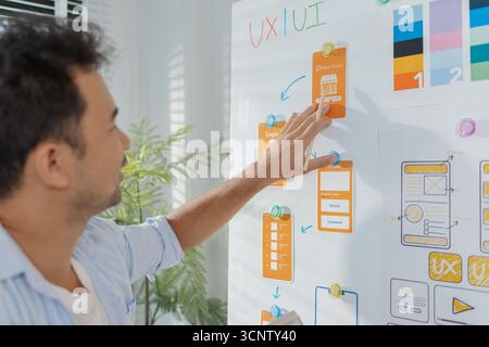 A young designer is working on a UX UI project, analyzing mobile app wireframes and choosing color palettes on a whiteboard. He focuses on brainstormi Stock Photo