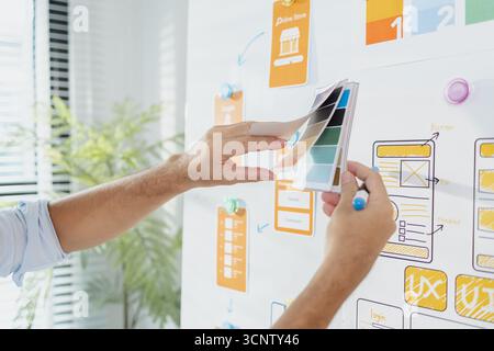 A young designer is working on a UX UI project, analyzing mobile app wireframes and choosing color palettes on a whiteboard. He focuses on brainstormi Stock Photo