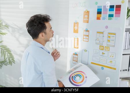 A creative designer is working on UX UI planning, reviewing wireframes, and adjusting color schemes for a mobile application project, showing focus an Stock Photo