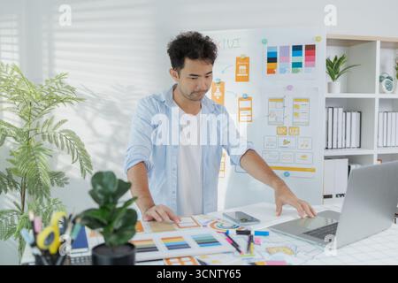 A creative designer works on UX/UI planning, analyzing sketches and prototypes on a whiteboard while using a laptop. The process shows design thinking Stock Photo