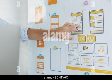 A creative designer works on UX/UI planning, analyzing sketches and prototypes on a whiteboard while using a laptop. The process shows design thinking Stock Photo