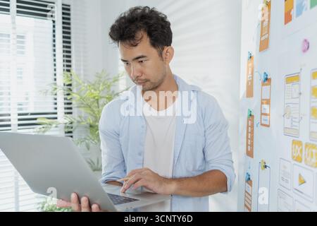 A creative designer works on UX/UI planning, analyzing sketches and prototypes on a whiteboard while using a laptop. The process shows design thinking Stock Photo