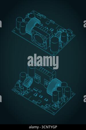 CNC DC adjustable buck power supply module voltage regulator isometric blueprint stylized vector illustrations Stock Vector